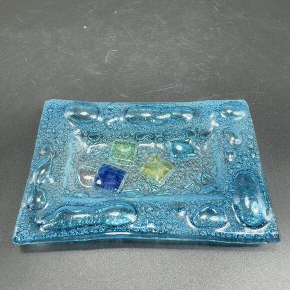 Vintage Hand Made Rectangular Trinket Dish Holder Container Plate Blue Bubbles - Picture 1 of 11